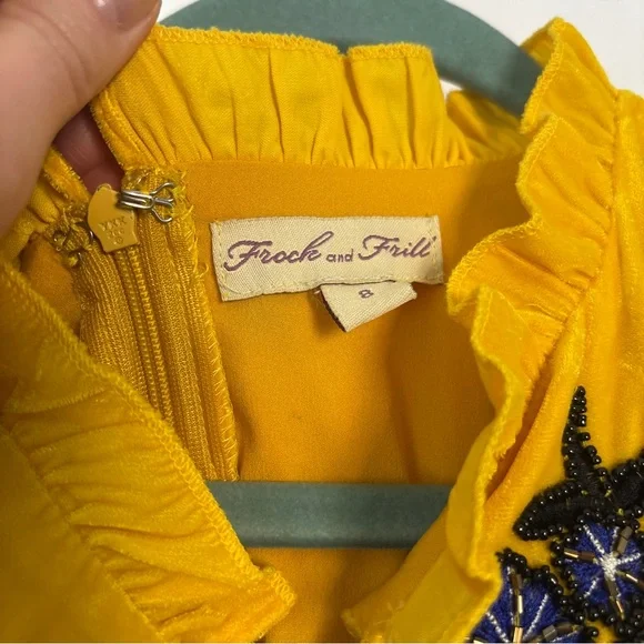 Anthropology Frock & Frill yellow velvet cold-shoulder dress w floral embroidery - Picture 8 of 15